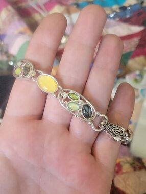 Silver Tone Yellow and Green Stone Bracelet